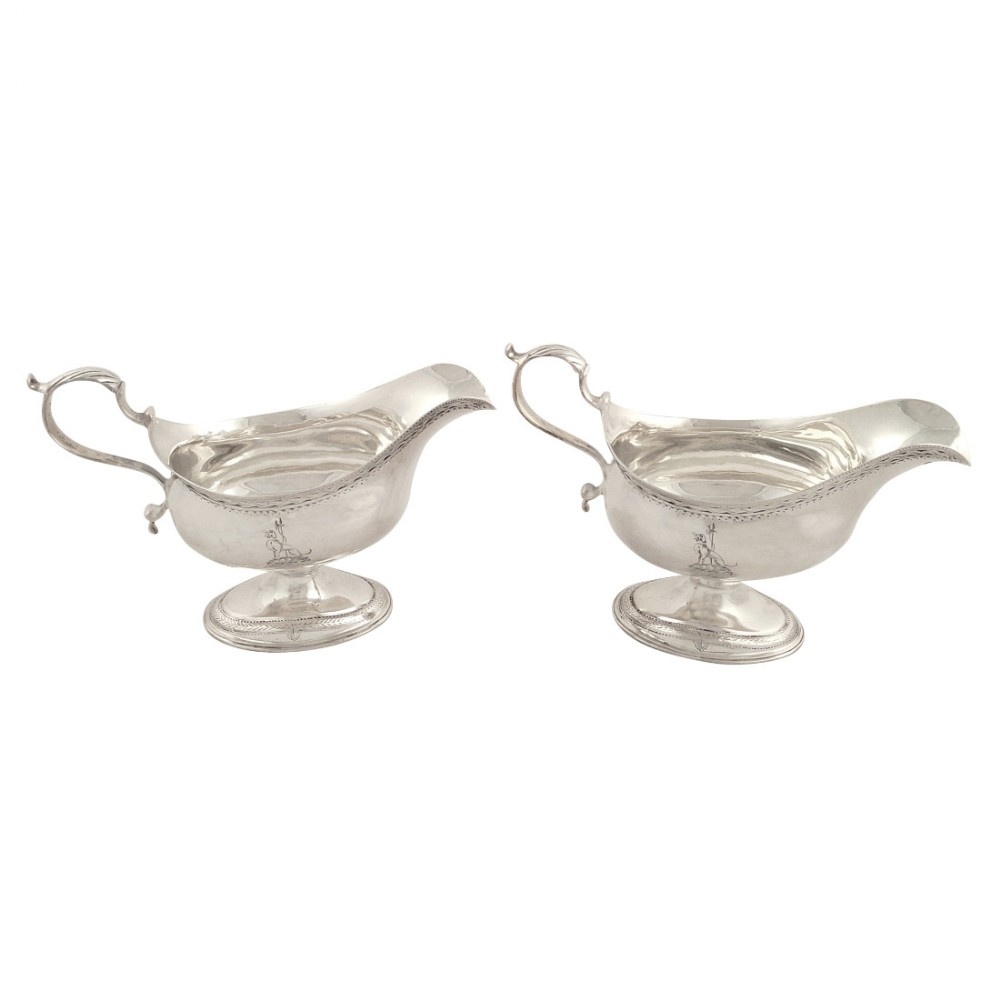 Pair of Antique Georgian Sterling Silver Gravy Boats / Jugs - 1780