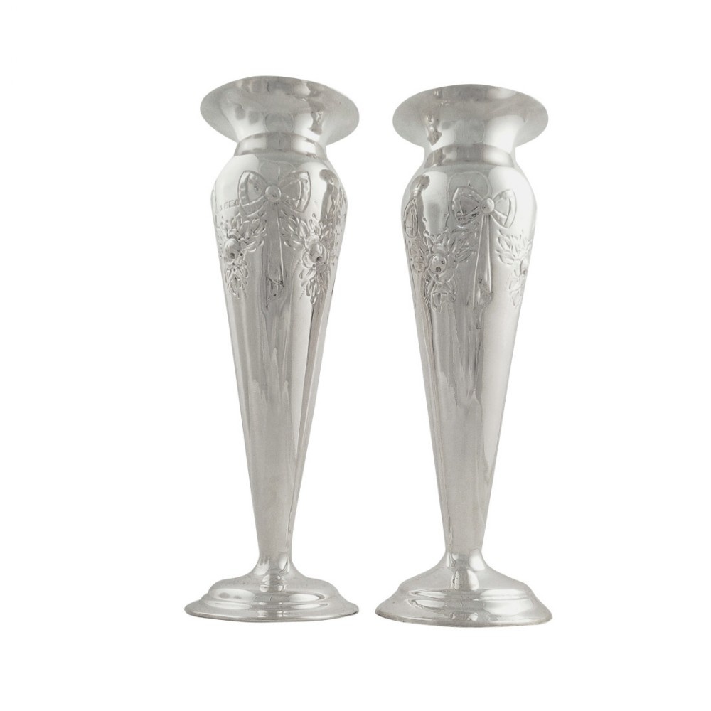 Pair of Antique Sterling Silver Mappin & Webb Vases 1901