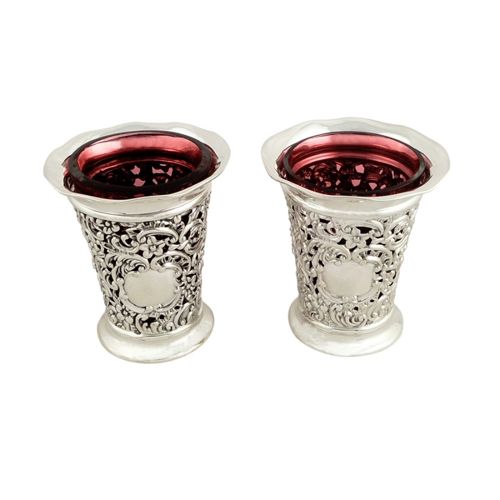 Pair of Antique Edwardian Silver Vases with Red Glass Liners 1902