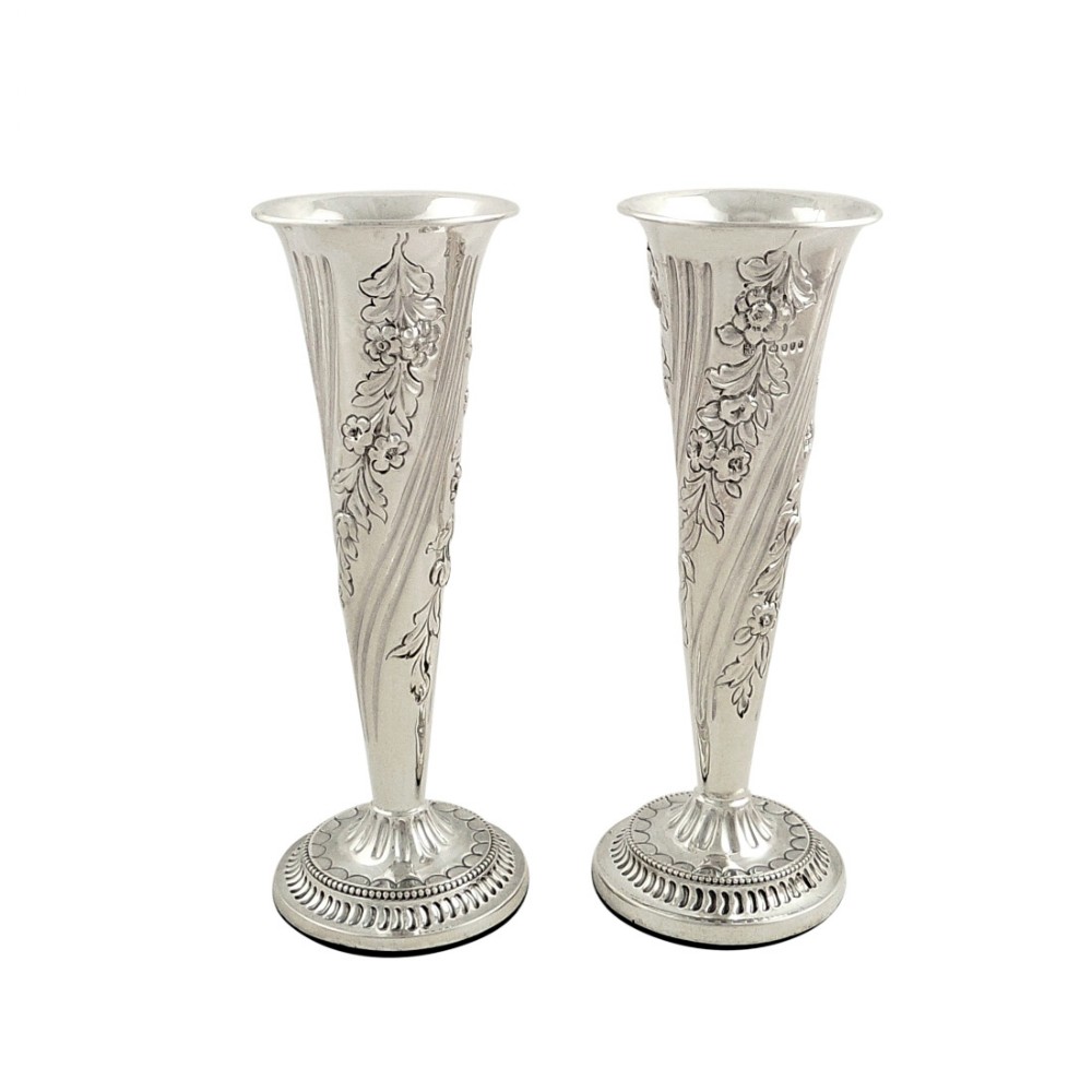 Pair of Antique Victorian Sterling Silver Vases 1884