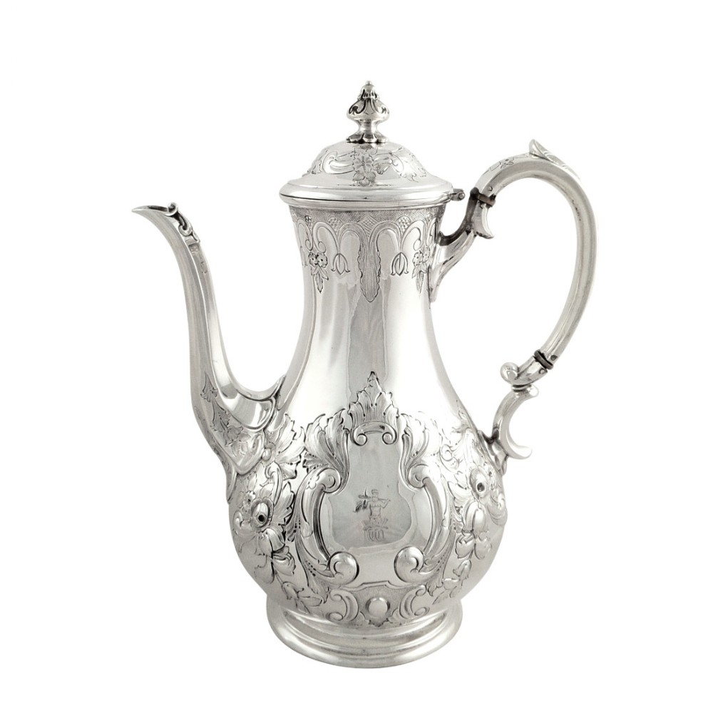 Antique Victorian Sterling Silver 3 Pint Coffee Pot 1884 - Fisherman Crest