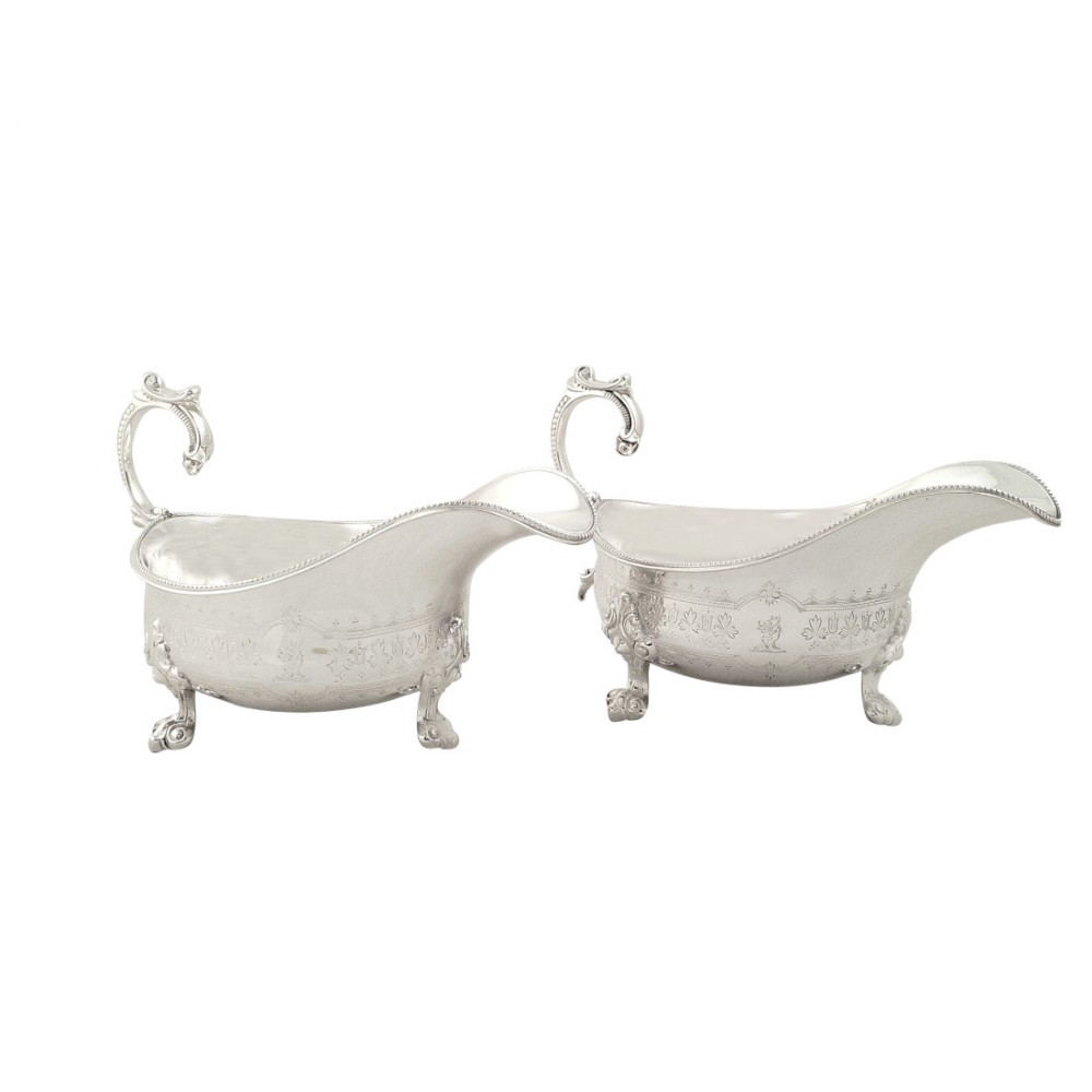 Pair of Antique Victorian Sterling Silver Gravy Jugs / Sauce Boats 1881