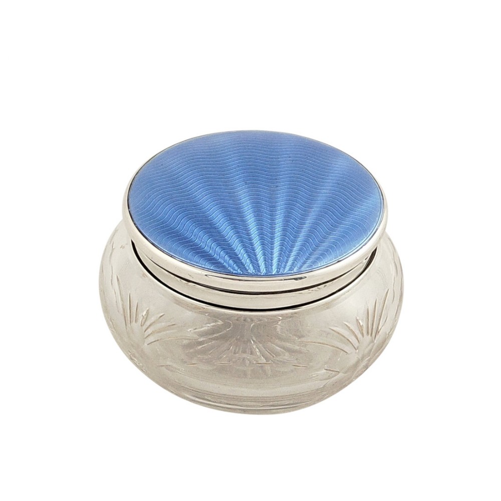 Antique Sterling Silver & Blue Enamel Vanity Jar - Walker & Hall 1938