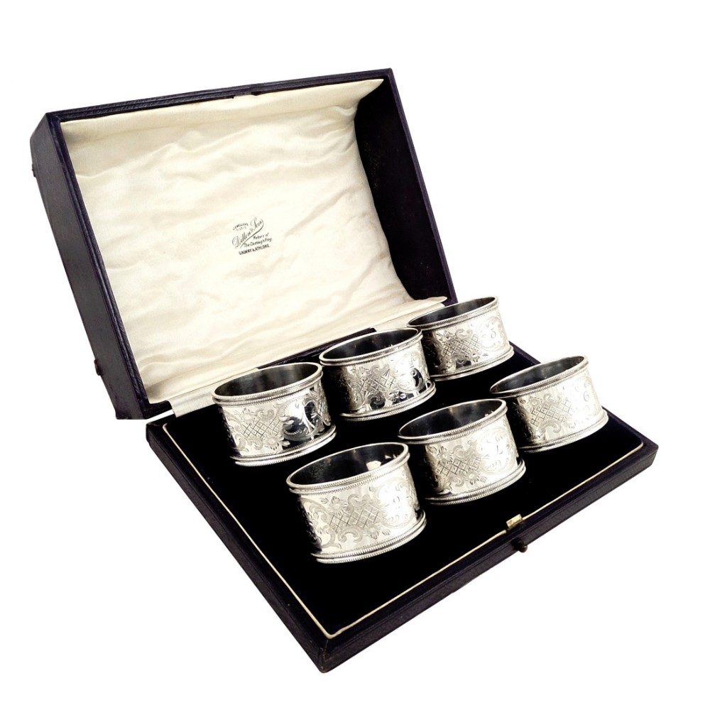 Set 6 Antique Edwardian Sterling Silver Napkin Rings in Case 1903