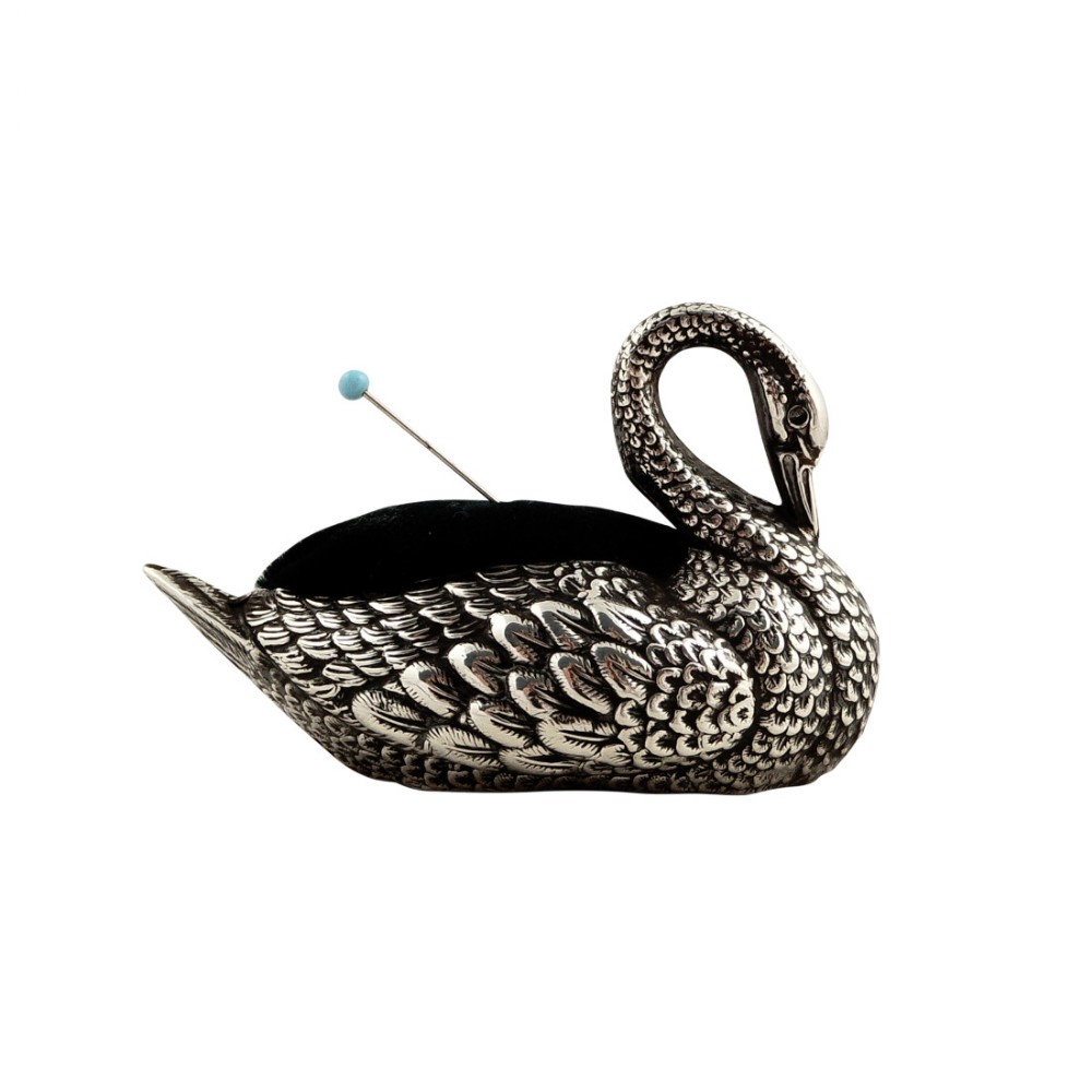 Antique Edwardian Sterling Silver Swan Pin Cushion 1906