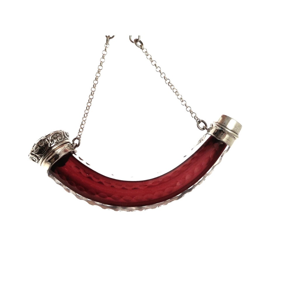 Antique Silver & Red Glass Horn Shape Perfume / Scent Bottle c1880