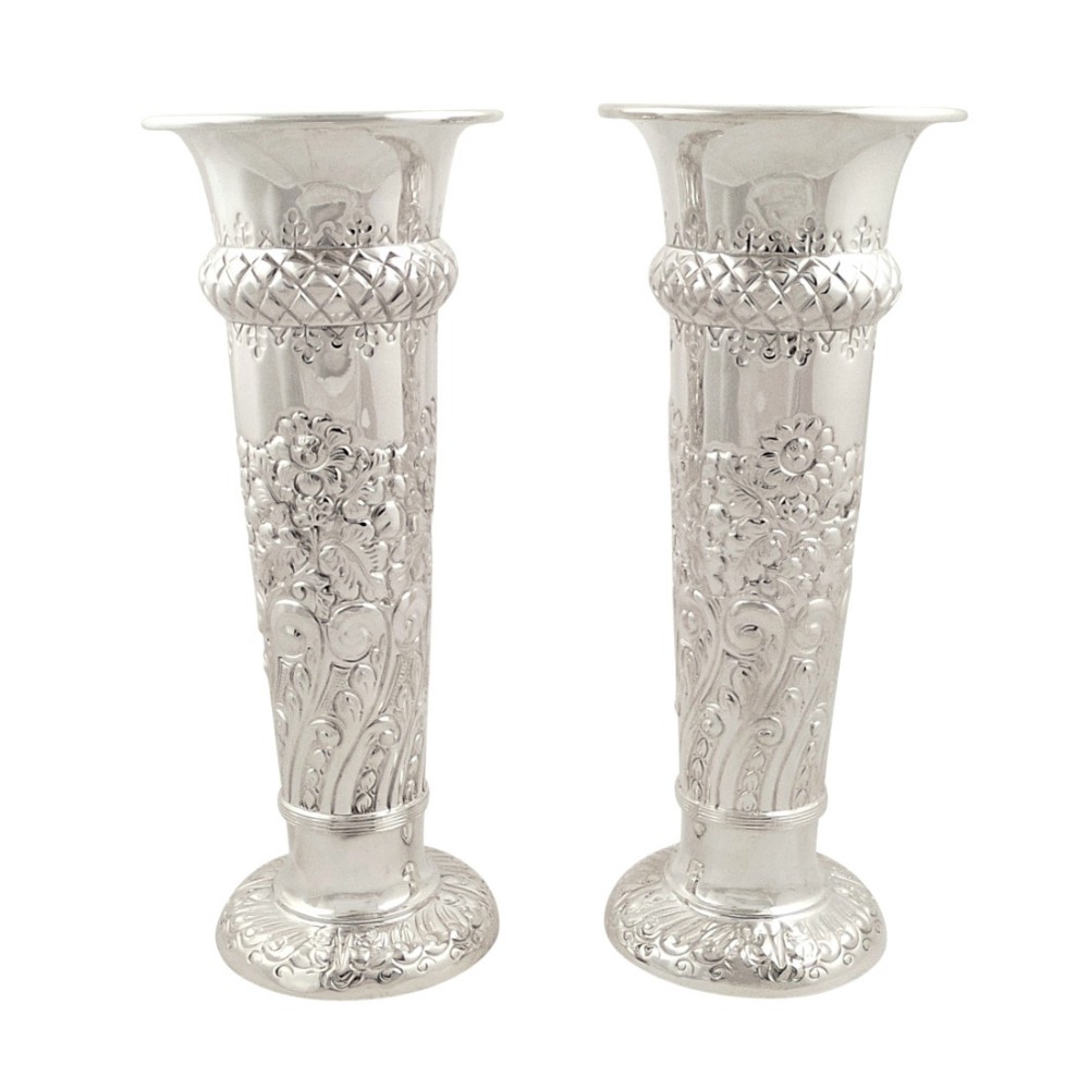 Pair of Antique Victorian Sterling Silver Vases 1895