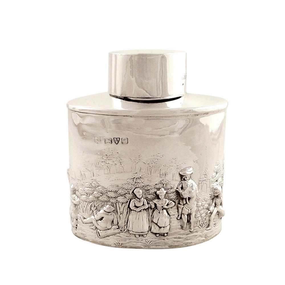 Antique Sterling Silver Caddy - 1911 - Village Scenes