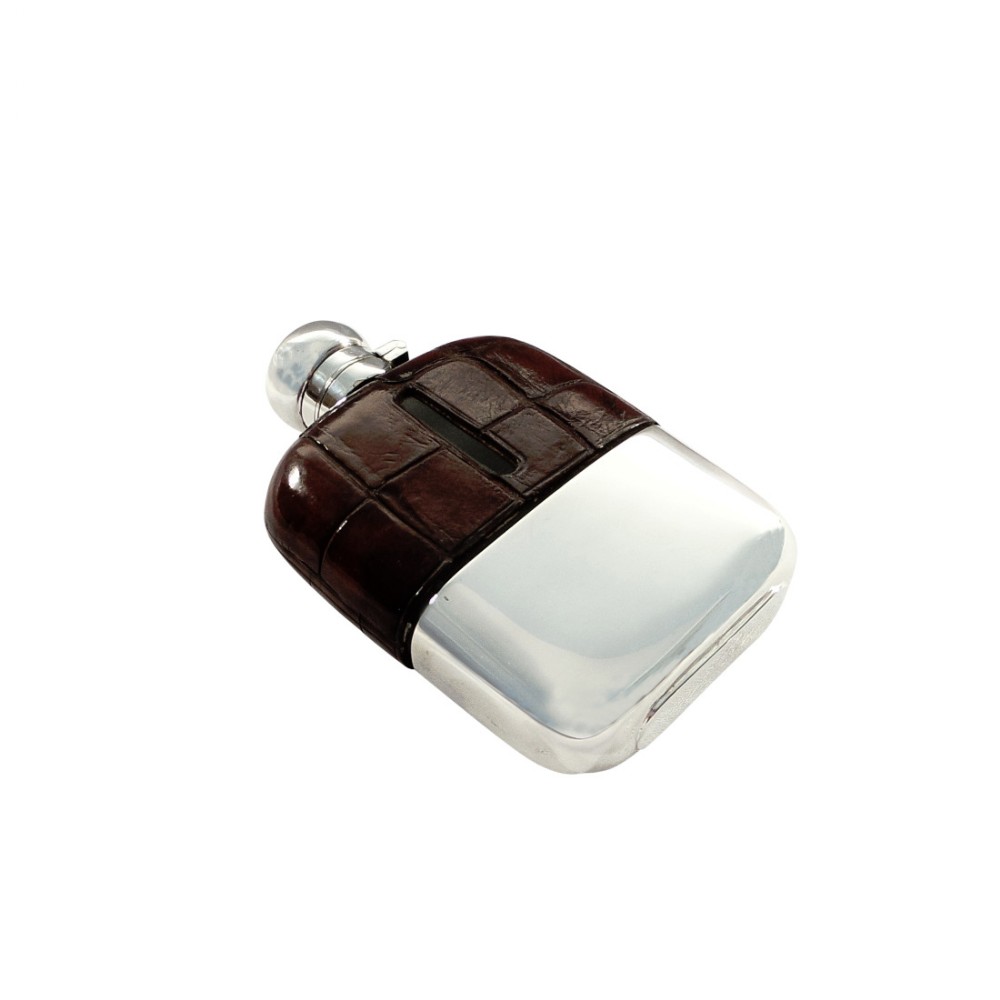 Antique Crocodile Leather & Silver Plated Hip Flask with Cup c1900