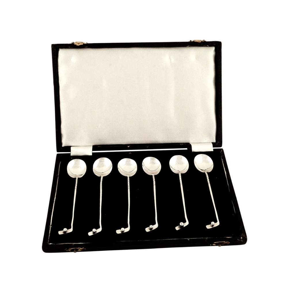 Set 6 Antique Sterling Silver 'Golf' Teaspoons in Case 1924
