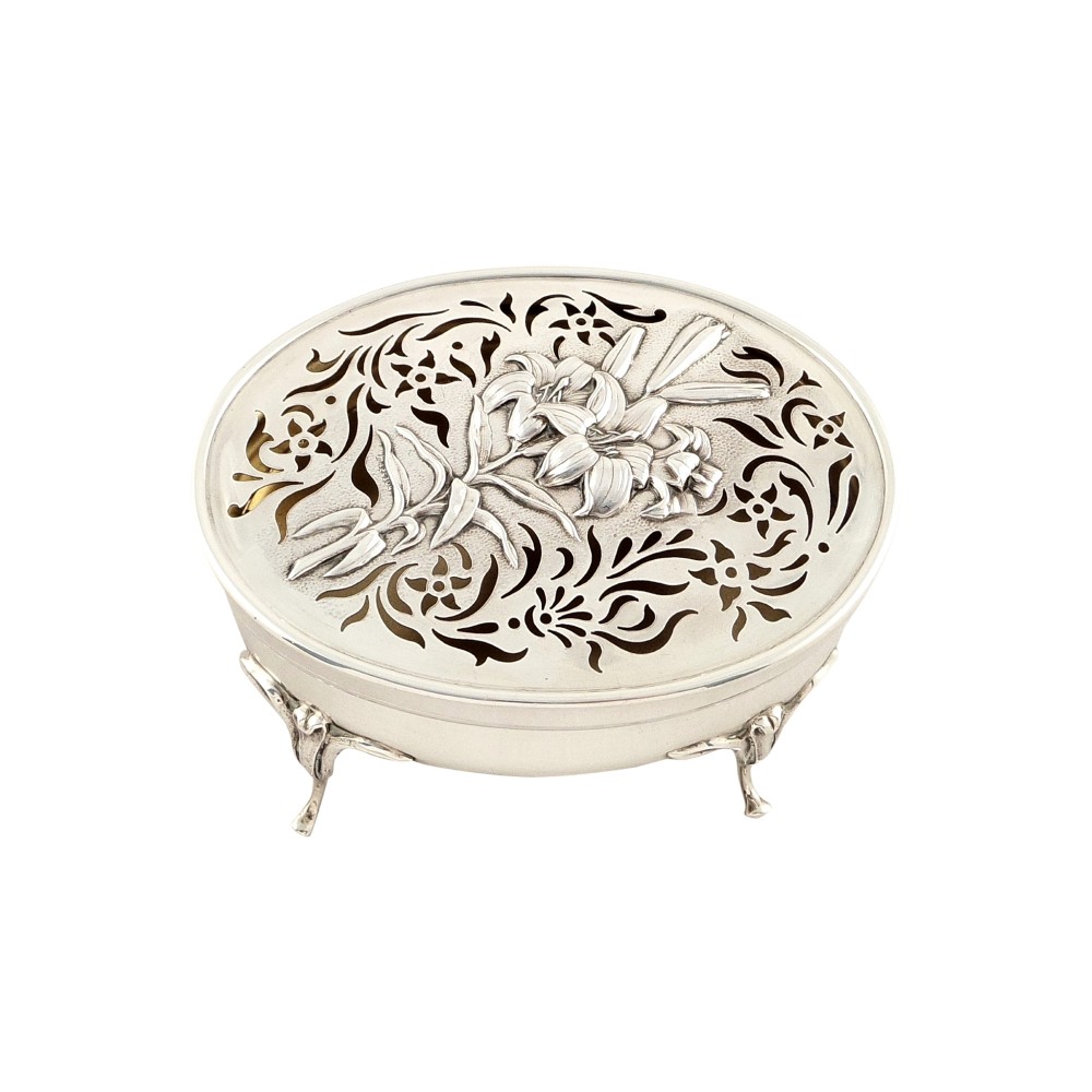 Antique Edwardian Sterling Silver Pierced Lid Trinket Box 1904