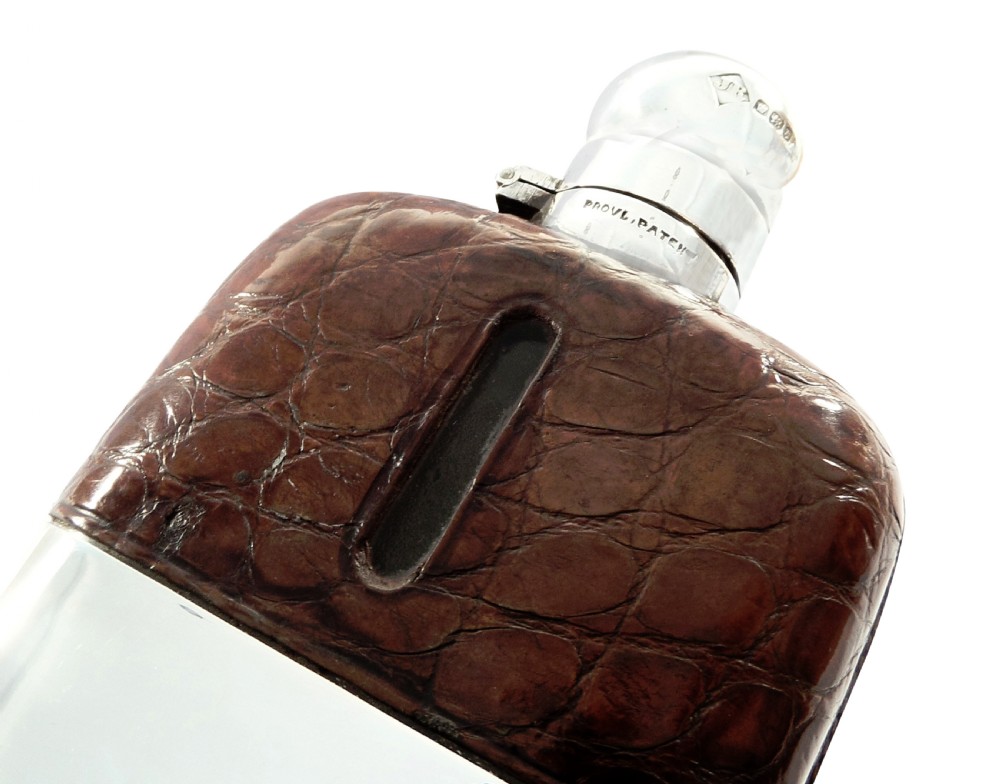 Antique Victorian Crocodile Leather & Sterling Silver Hip Flask 1900 View III