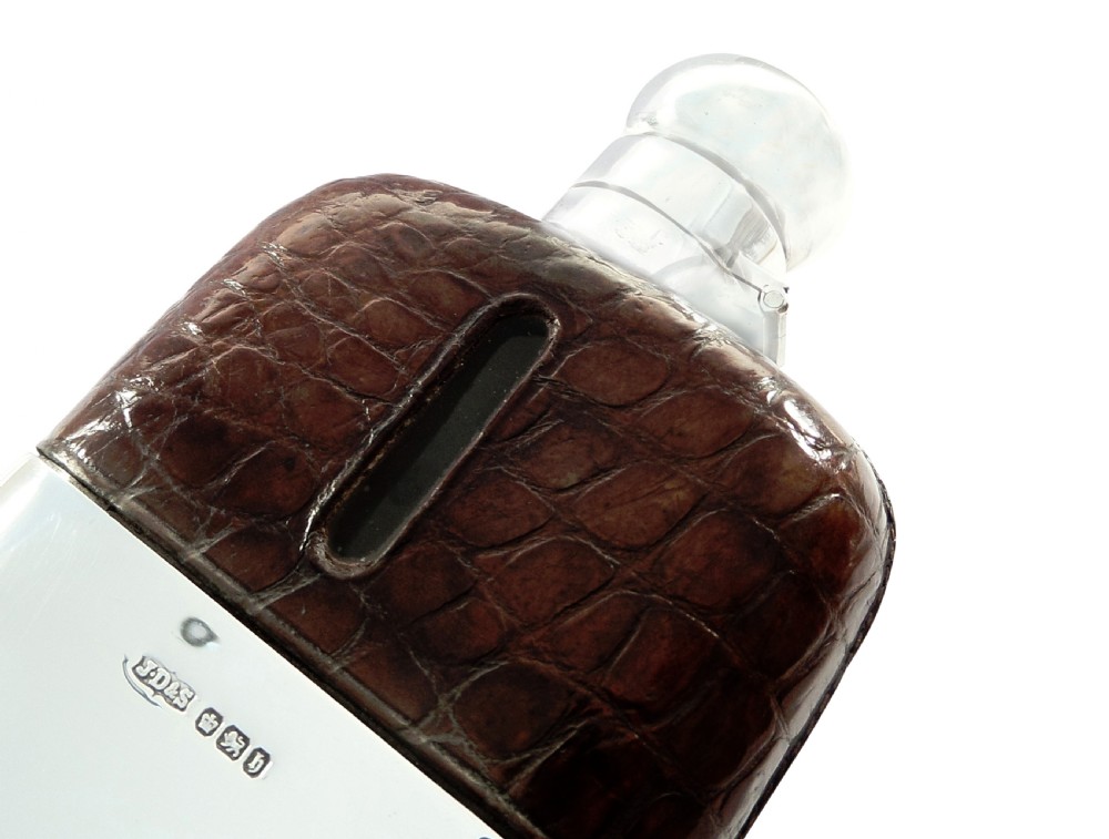 Antique Victorian Crocodile Leather & Sterling Silver Hip Flask 1900 View VIII