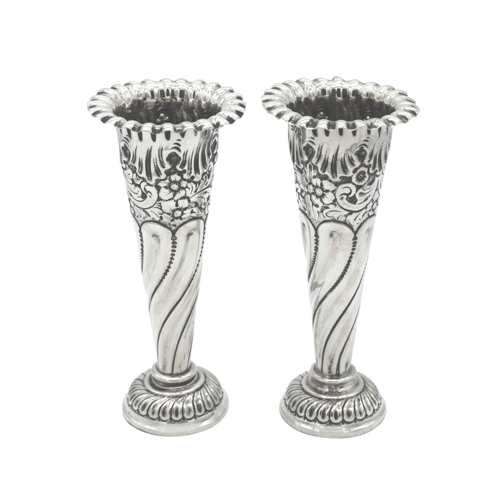 Pair of Antique Edwardian Sterling Silver Vases 1907