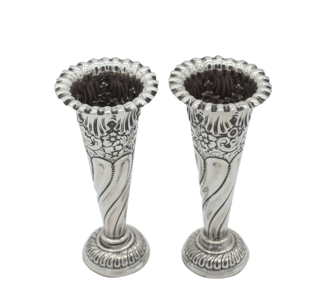 Pair of Antique Edwardian Sterling Silver Vases 1907 View VI
