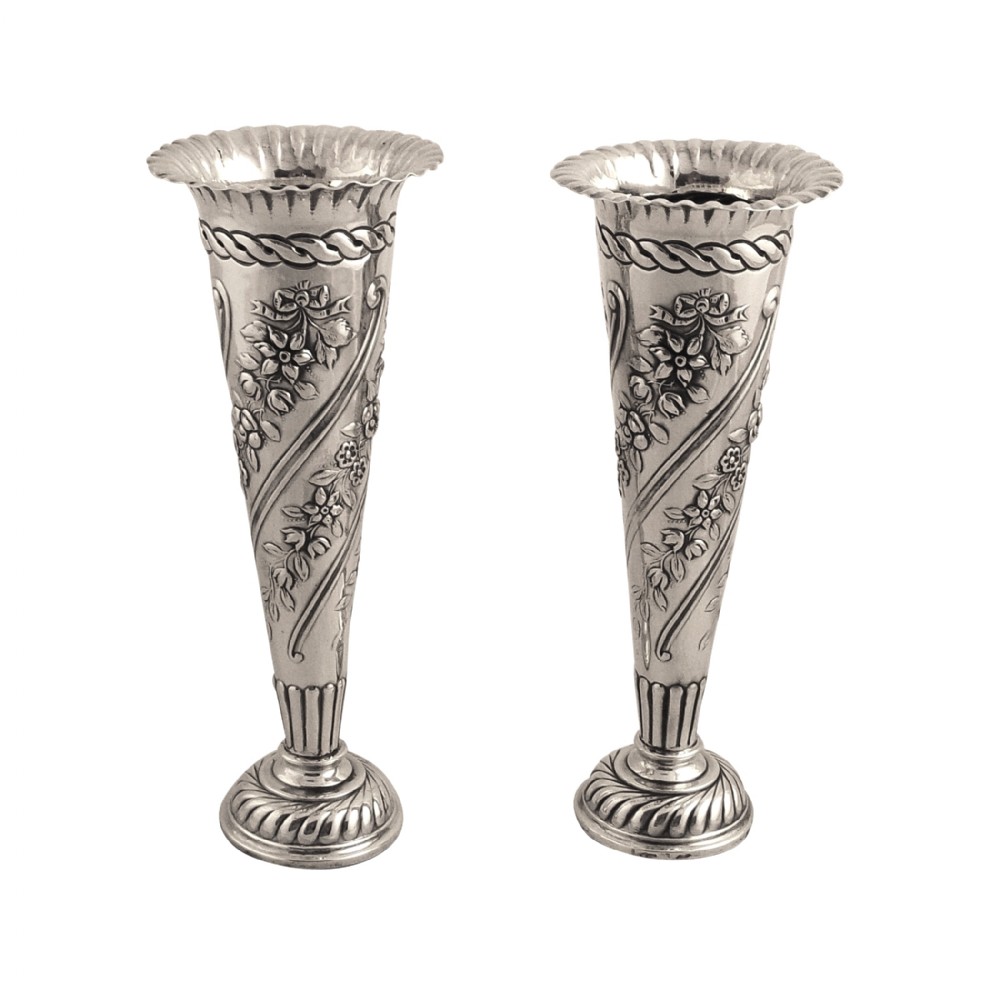 Pair of Antique Victorian Sterling Silver Vases 1896