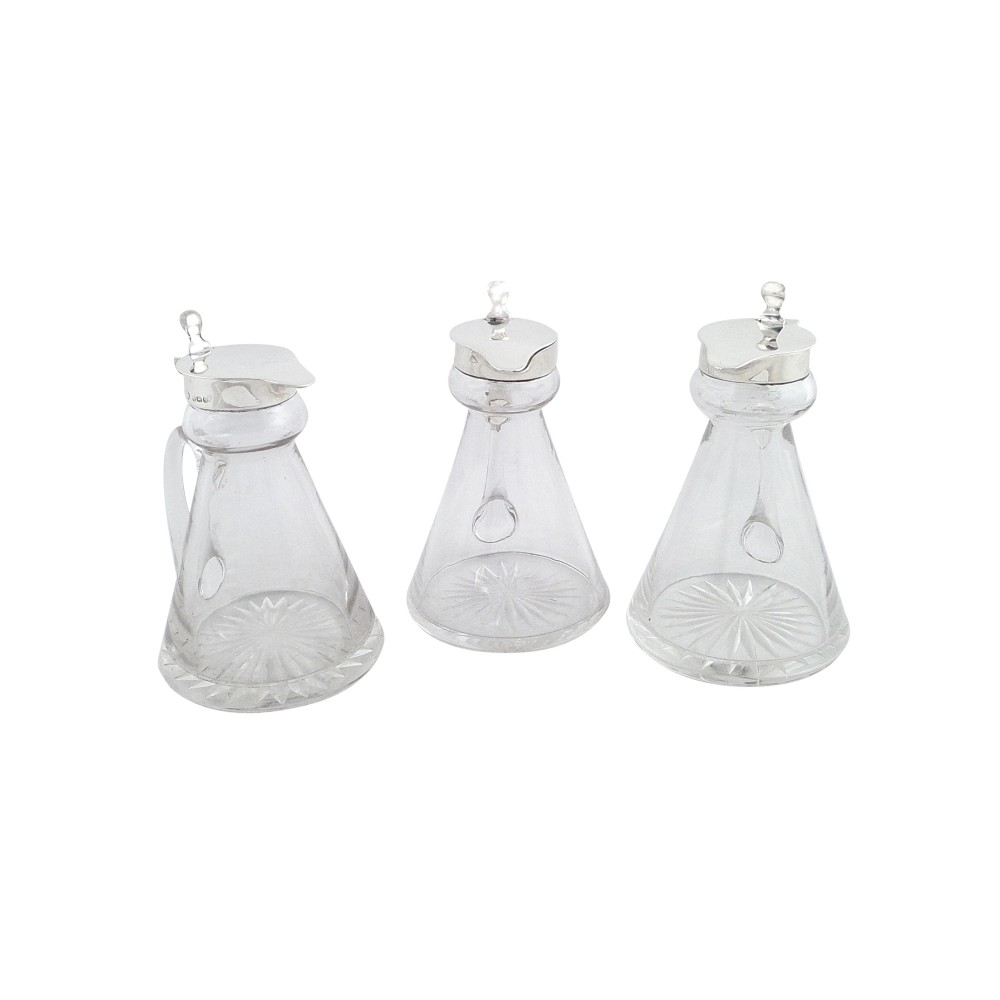 Set of 3 Antique Sterling Silver & Glass Whisky Noggins / Jugs 1936