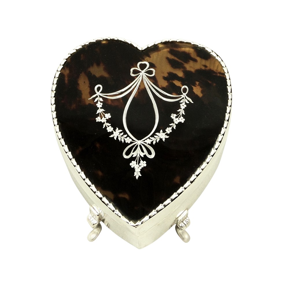 Antique Edwardian Sterling Silver & Tortoiseshell Heart Trinket Box 1907