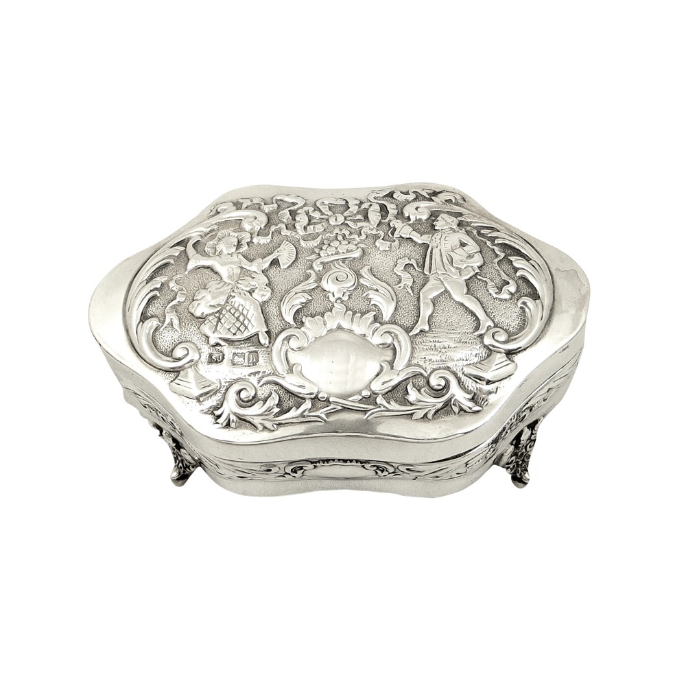 Antique Edwardian Sterling Silver Ring Box with Scenes 1903
