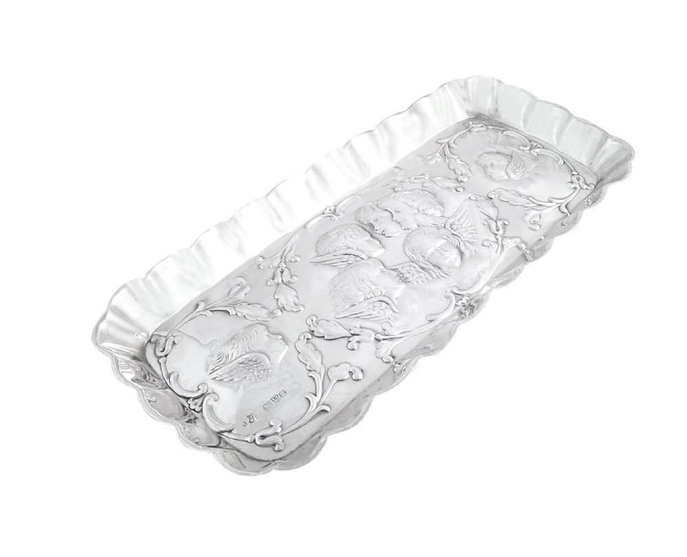 Antique Edwardian Sterling Silver 'Angels' Pen Tray 1903 View II