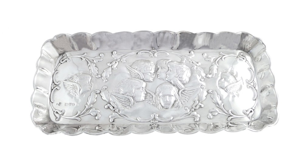 Antique Edwardian Sterling Silver 'Angels' Pen Tray 1903 View VII