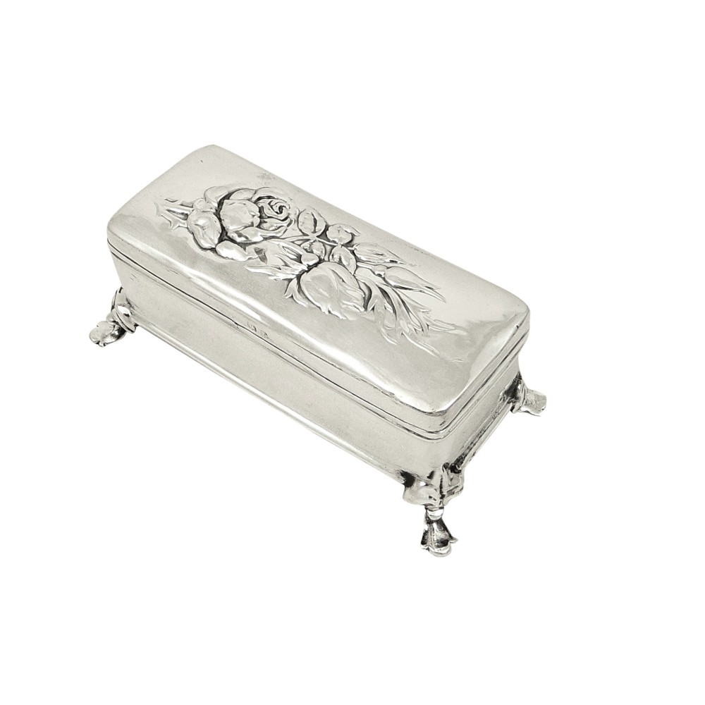 Antique Edwardian Sterling Silver 'Roses' Ring Box 1905