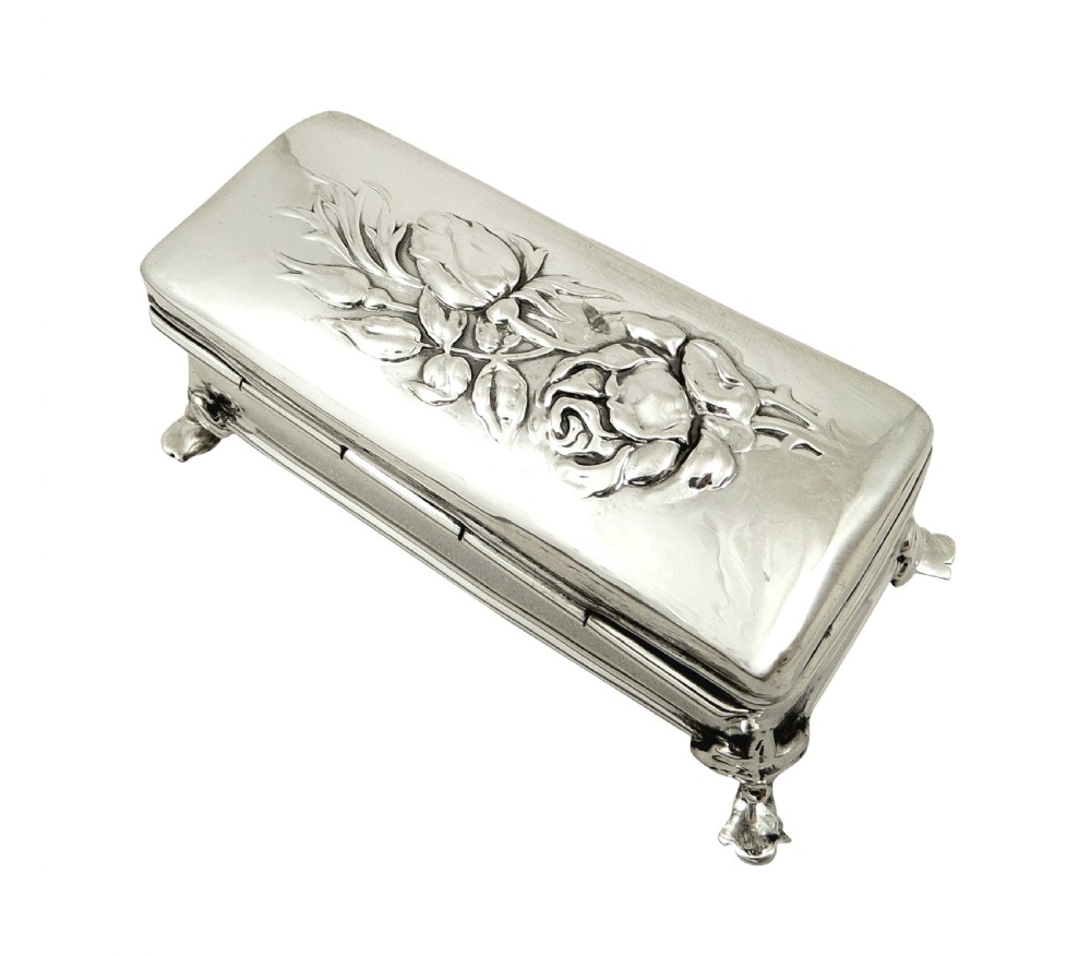 Antique Edwardian Sterling Silver 'Roses' Ring Box 1905 View V