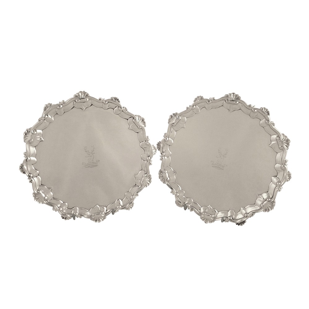 Pair of Antique George III Sterling Silver Trays 1763 - Stag Crests
