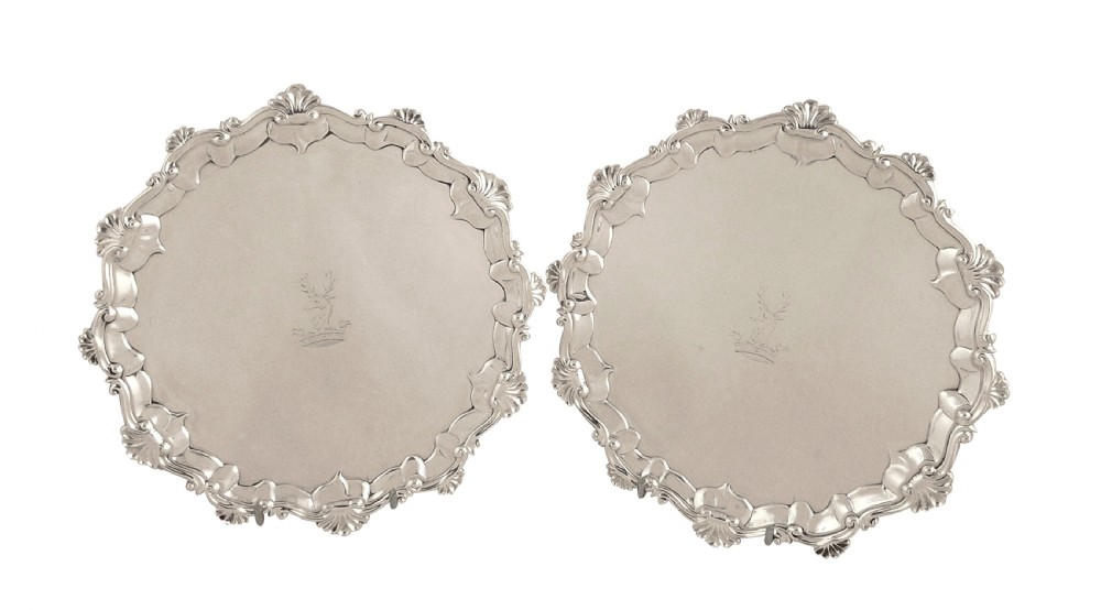 Pair of Antique George III Sterling Silver Trays 1763 - Stag Crests View VIII