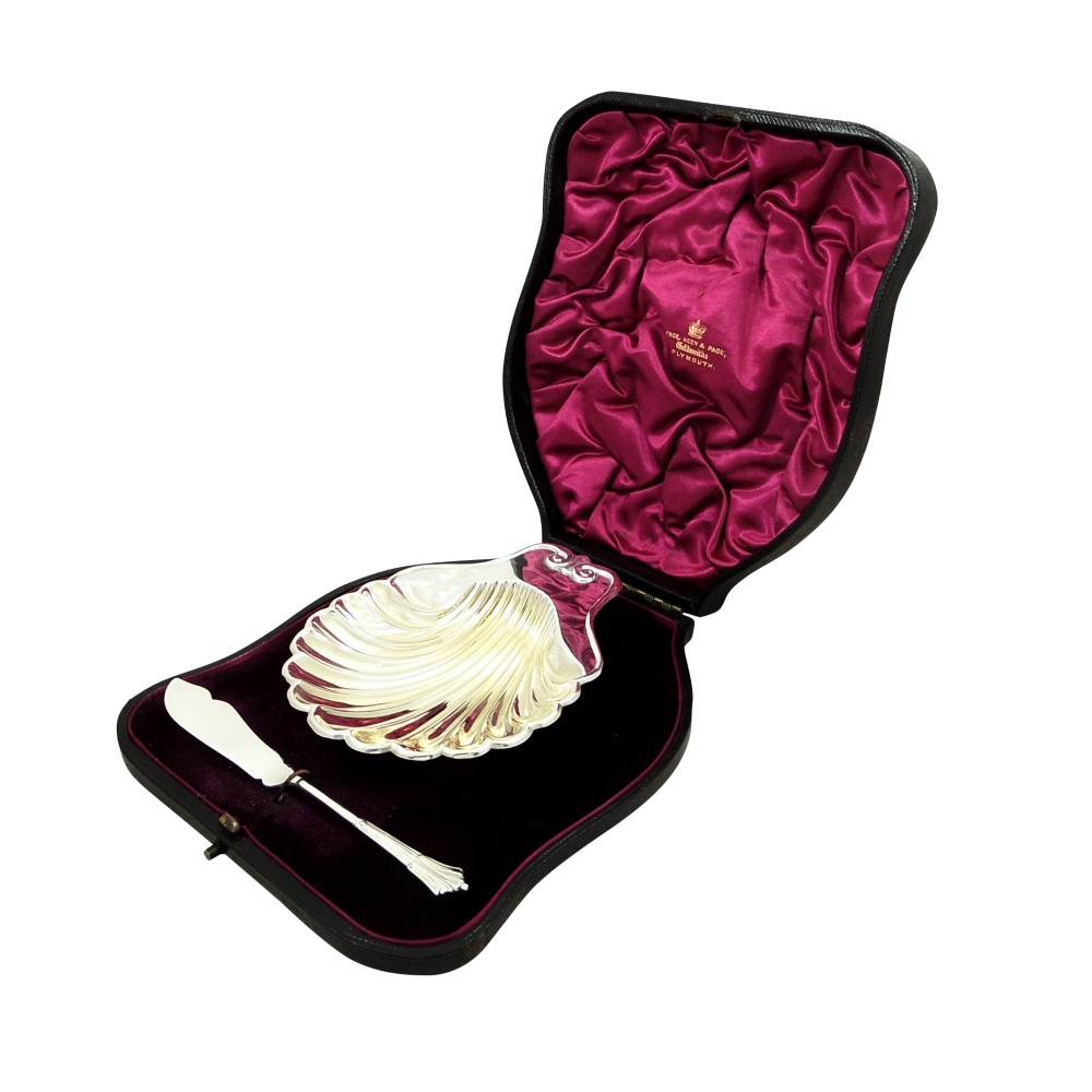 Antique Victorian Sterling Silver Shell Butter Dish & Knife 1892