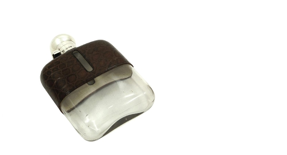 Antique Sterling Silver & Crocodile Leather Hip  Flask 1933 View VIII