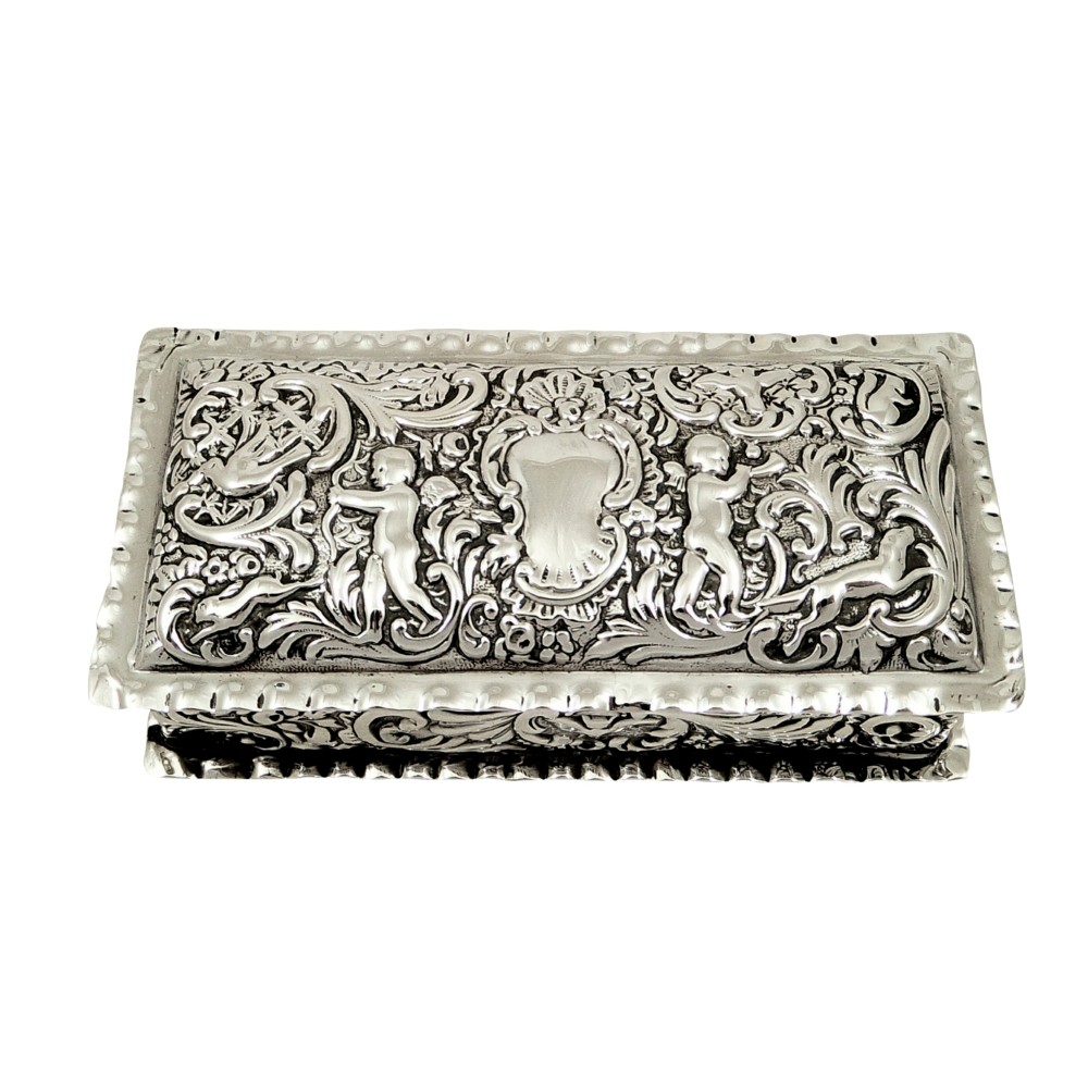 Antique Victorian Sterling Silver Ring Box with Cherubs 1898