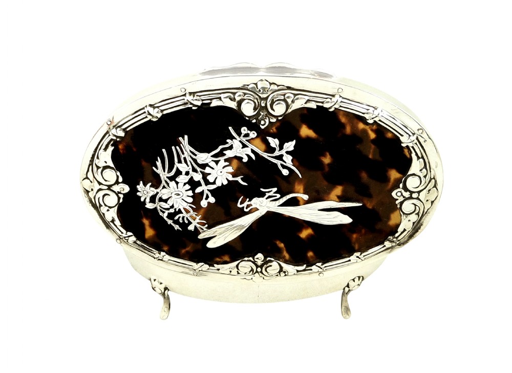 Antique Edwardian Sterling Silver & Tortoiseshell Dragonfly Trinket Box 1907 View II