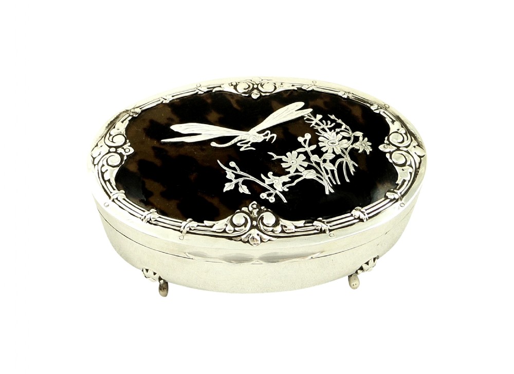 Antique Edwardian Sterling Silver & Tortoiseshell Dragonfly Trinket Box 1907 View X
