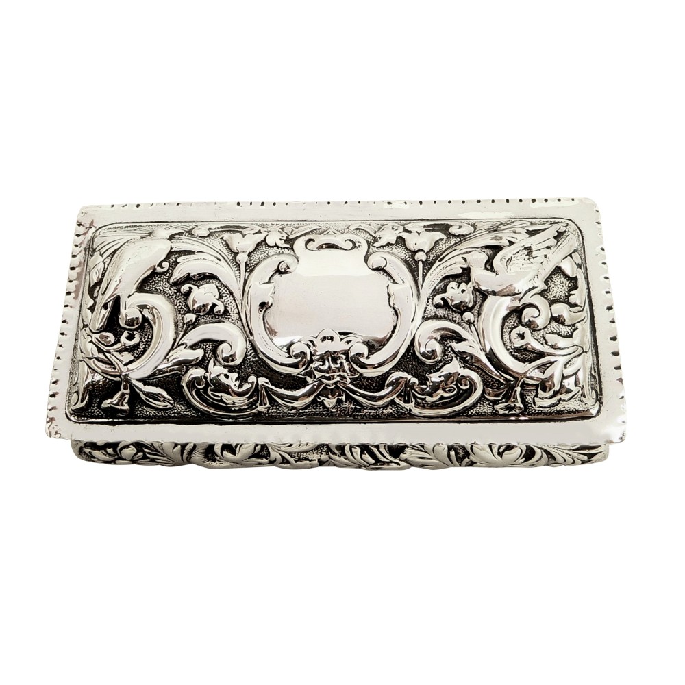 Antique Victorian Sterling Silver Ring Box with Birds 1894