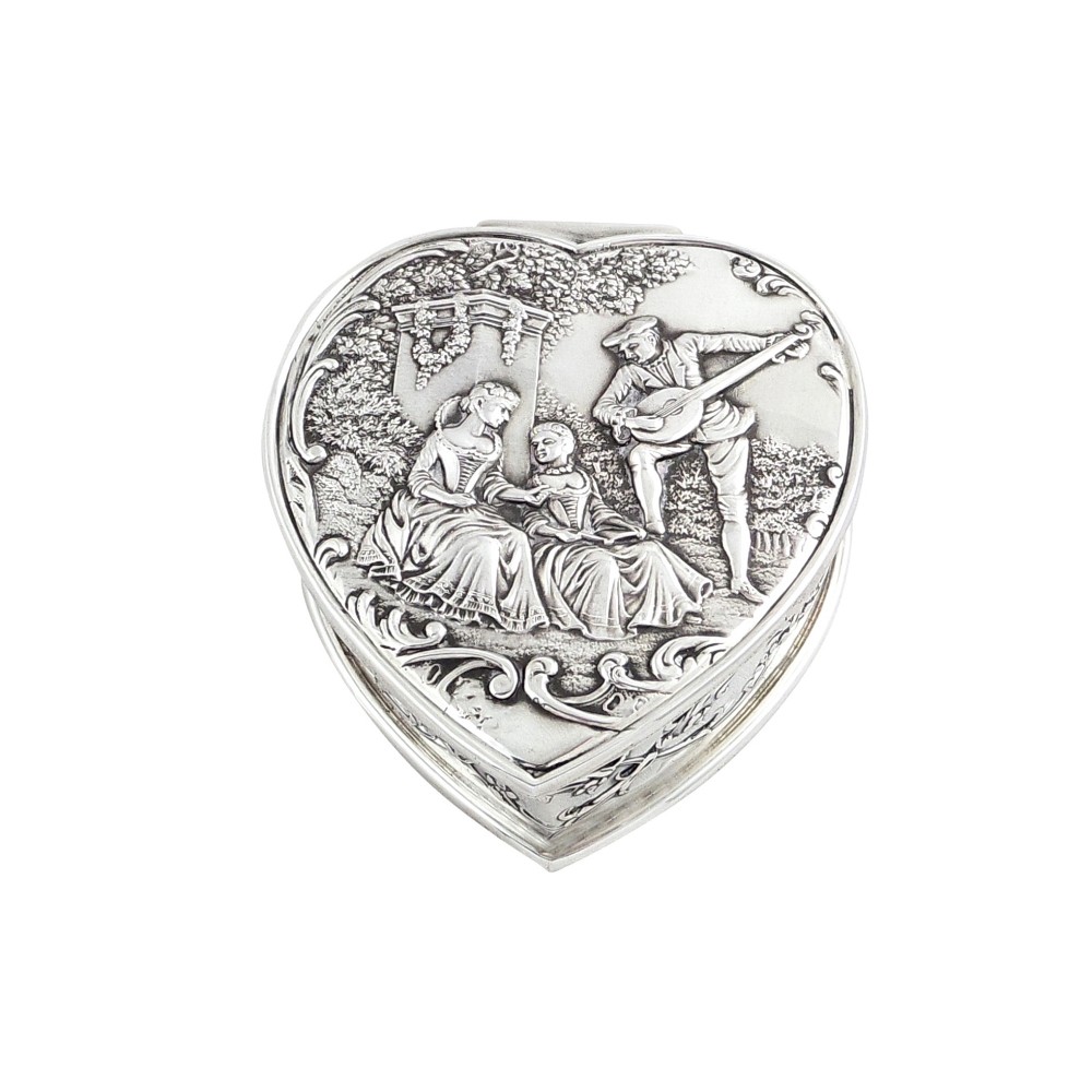 Antique Sterling Silver Heart Shape Trinket Box with Scene 1901