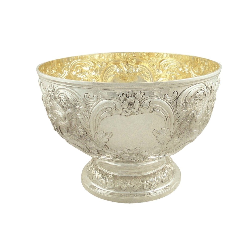 Antique Victorian Sterling Silver Presentation Bowl with Birds 1899