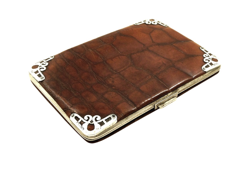 Antique Crocodile Leather & Sterling Silver Card Case / Wallet 1901 View V