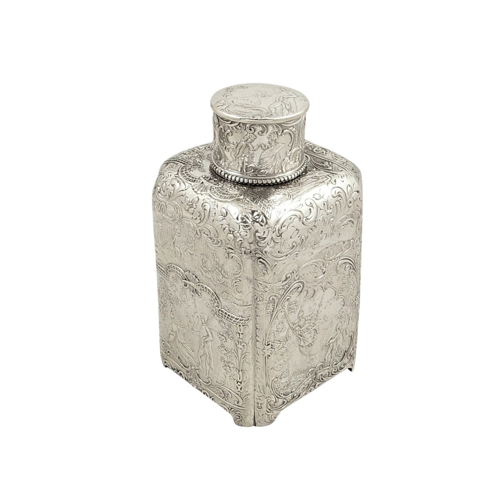 Antique German Silver Caddy with Romantic Scenes  c 1880