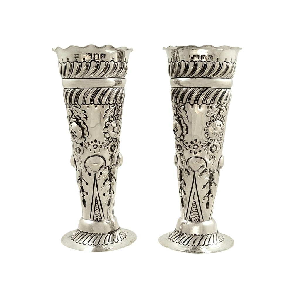 Pair of Antique Victorian Sterling Silver Vases 1896