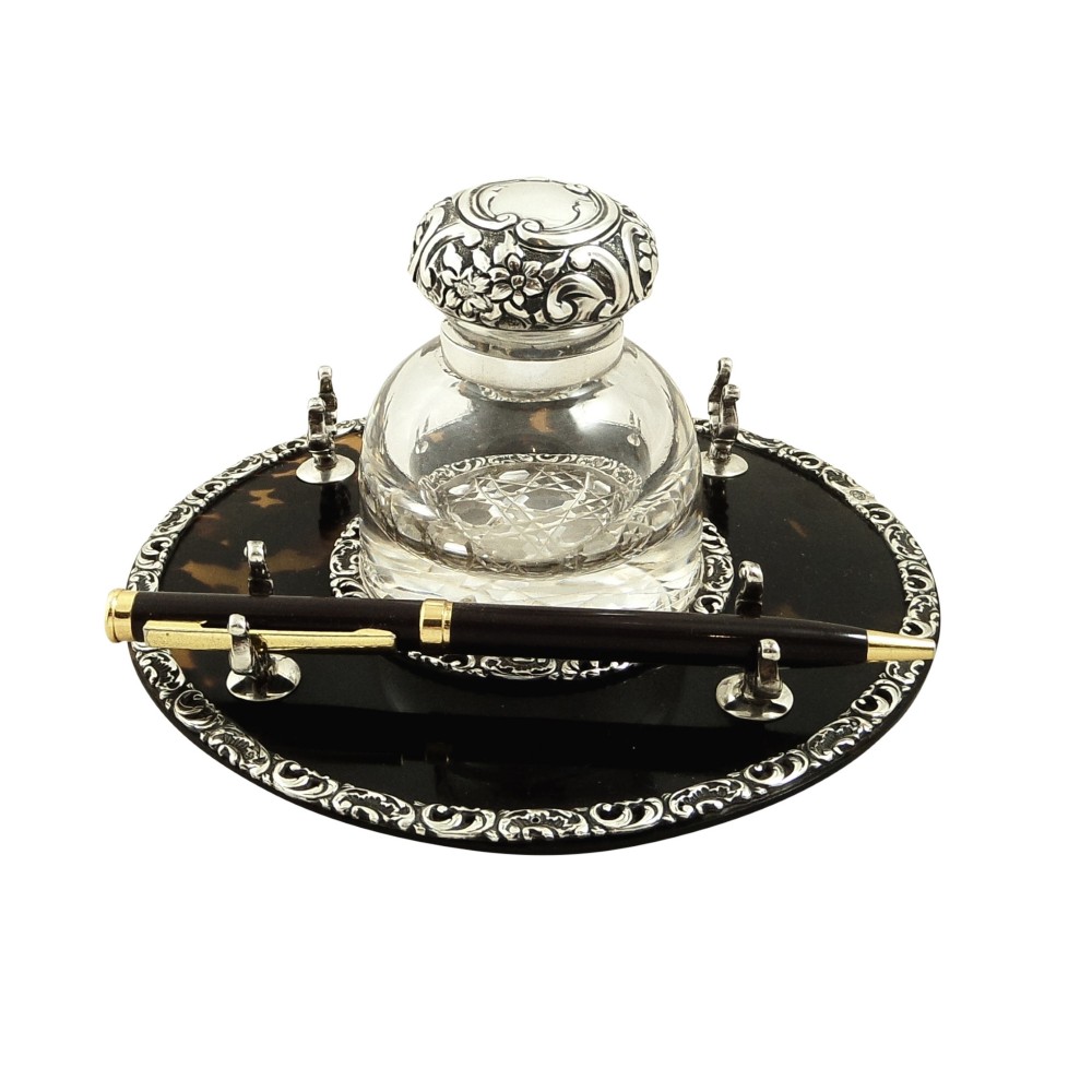 Antique Victorian Sterling Silver & Tortoiseshell Inkwell on Stand 1899