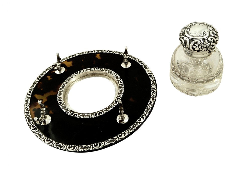 Antique Victorian Sterling Silver & Tortoiseshell Inkwell on Stand 1899 View II