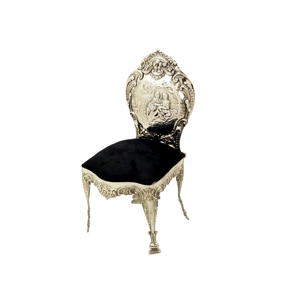 Large Antique Edwardian Sterling Silver Chair Pin Cushion with Lovers Scene 1902