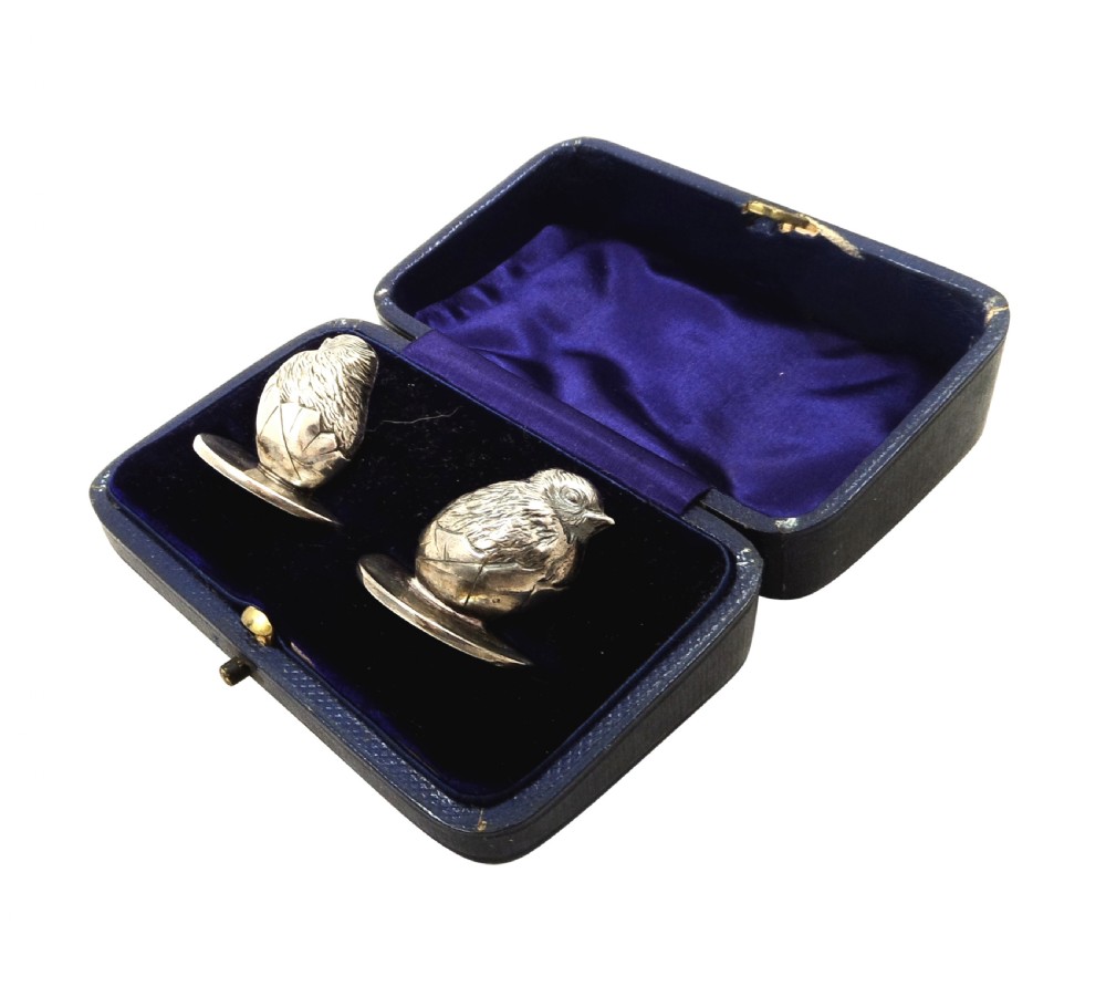 Pair of Antique Edwardian Sterling Silver Hatching Chick Menu Holders 1906 View VIII