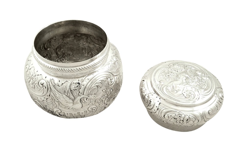 Antique Victorian Sterling Silver Vanity Pot / Caddy with Scenes 1890 View III