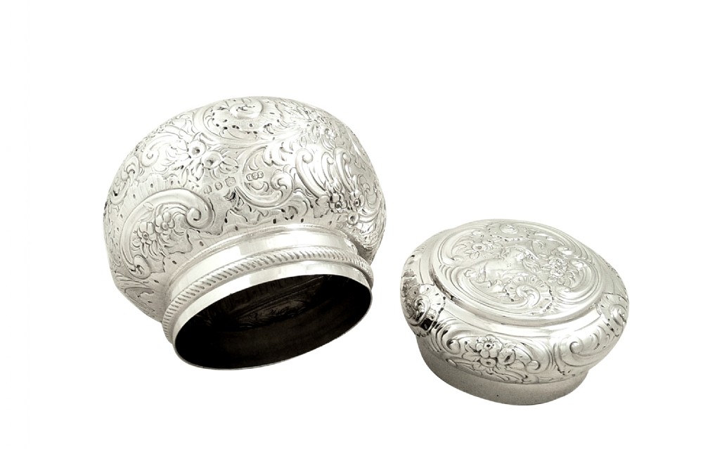 Antique Victorian Sterling Silver Vanity Pot / Caddy with Scenes 1890 View VII