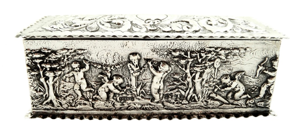 Antique Sterling Silver Trinket Box with Cherub Scenes 1901 View VI