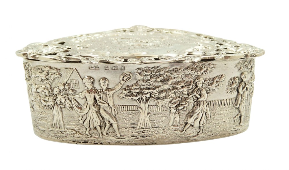 Antique Sterling Silver Pierced Trinket Box with Scenes 1901 View VIII