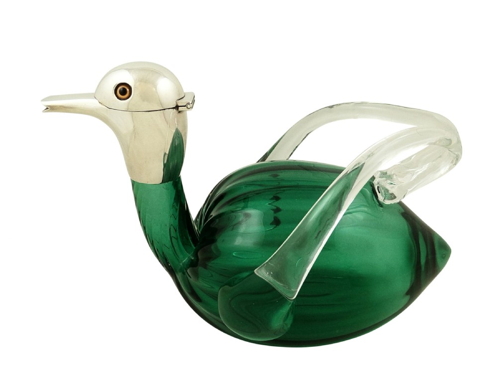 Antique Victorian Sterling Silver & Green Glass 'Duck' Claret Jug 1900 View VII