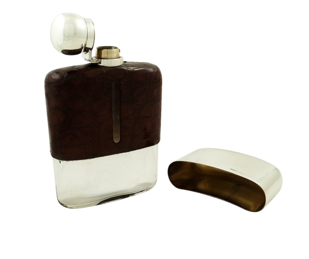 Antique Sterling Silver & Crocodile 1/2 Pint Hip Flask 1930 View IV